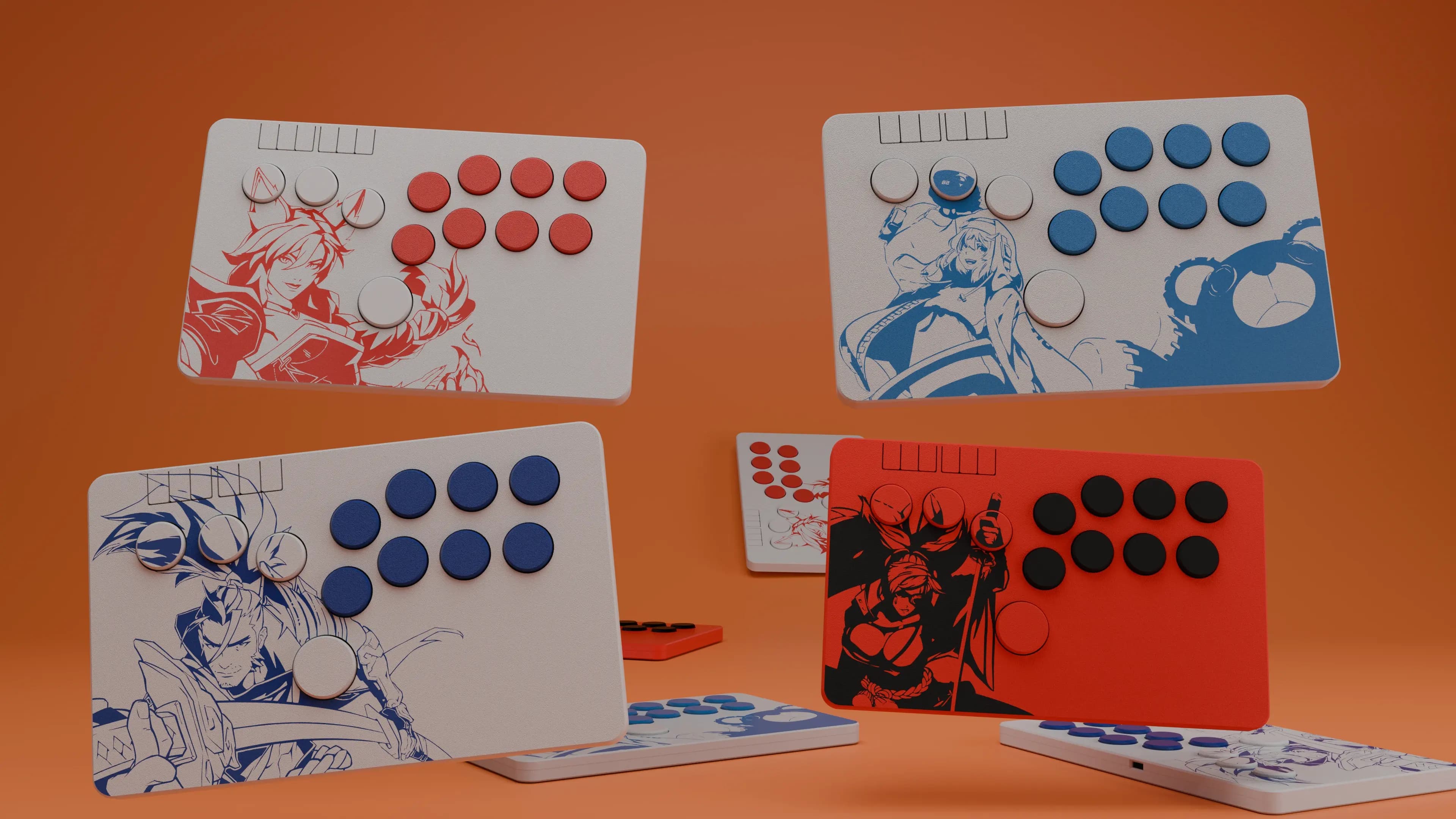 FlatboxLab handcrafted hitbox controller featuring artwork from fighting games